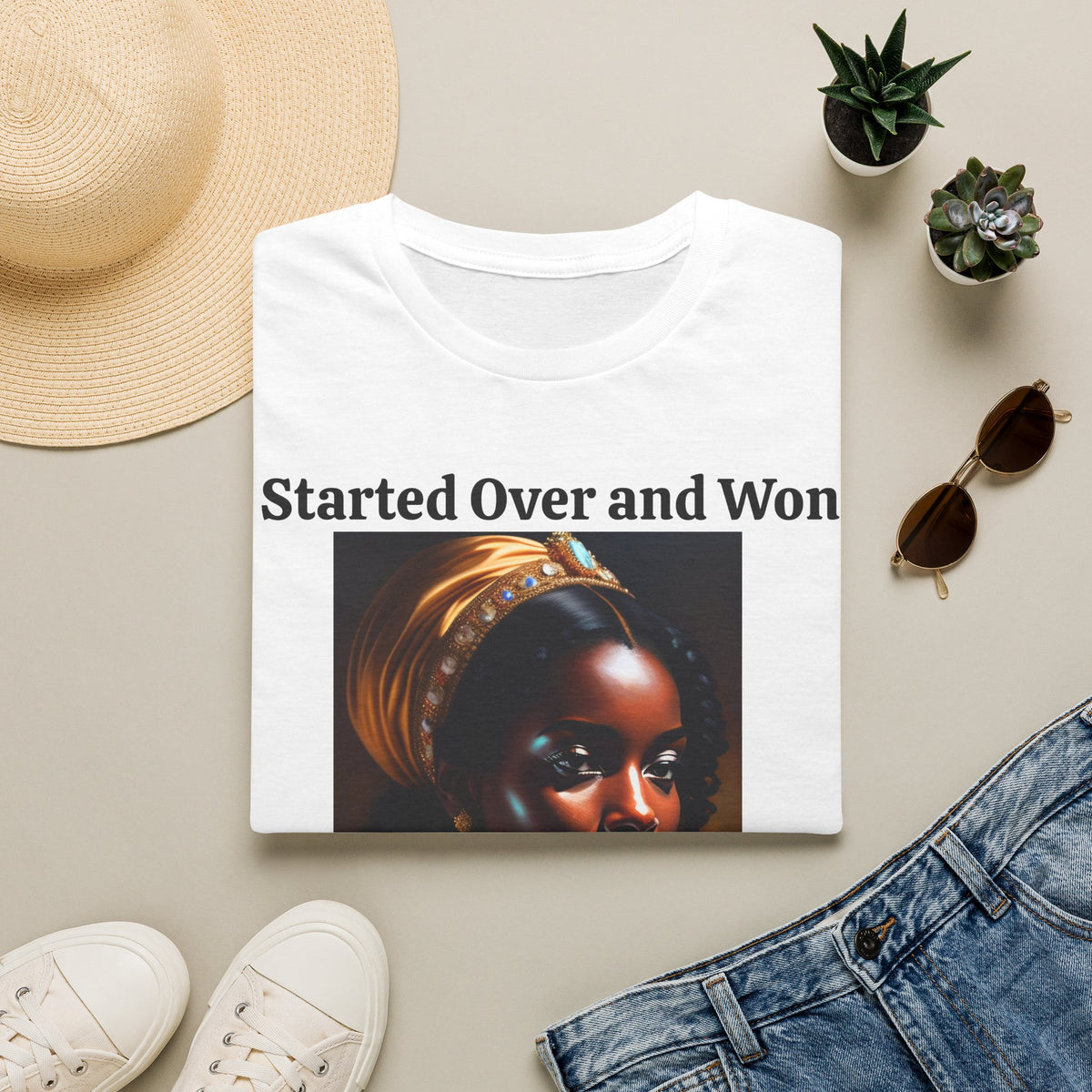Started Over and Won T‑Shirt — Empowering Black Woman Portrait Tee