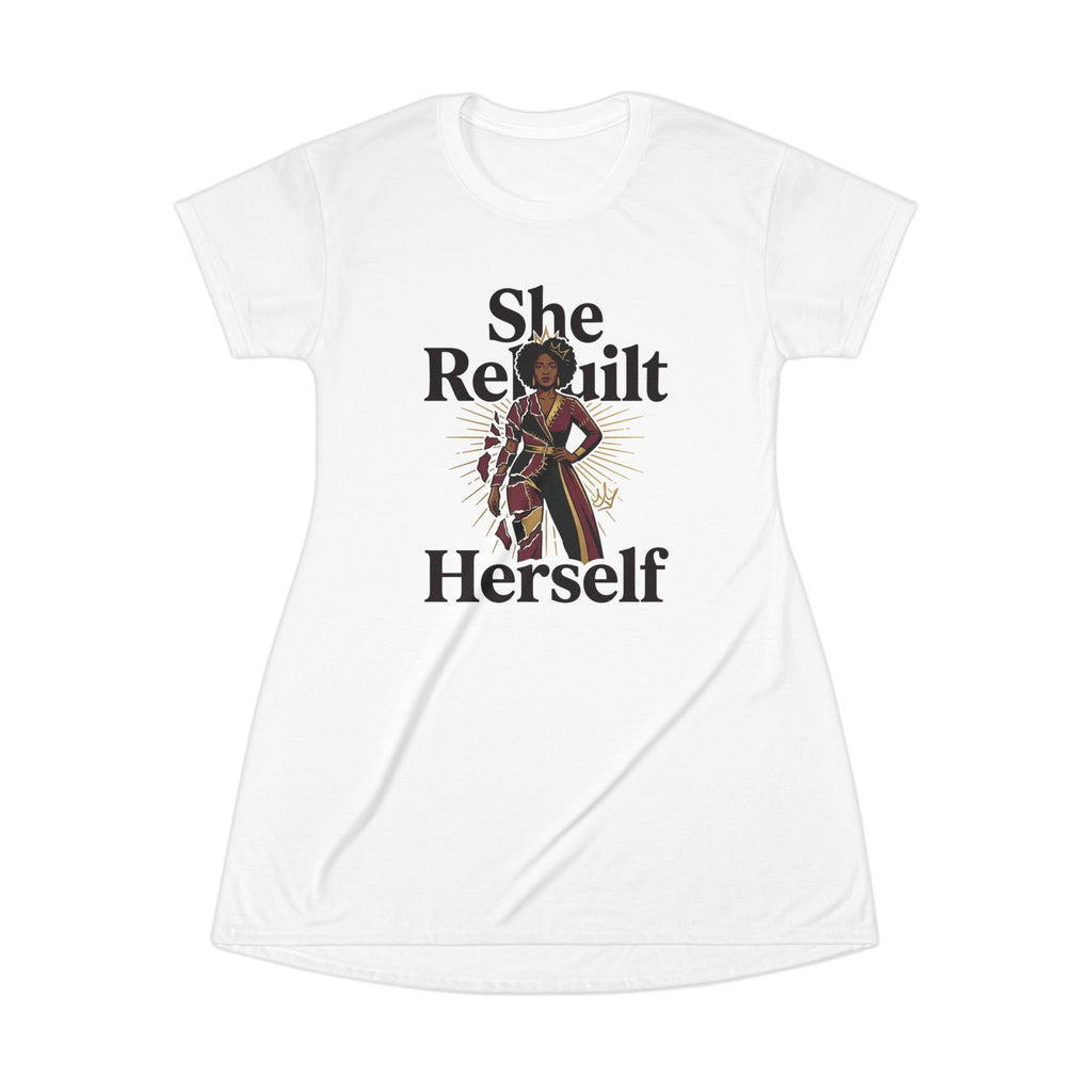 She Rebuilt Herself T-Shirt Dress – Empowering Afrocentric Graphic Dress