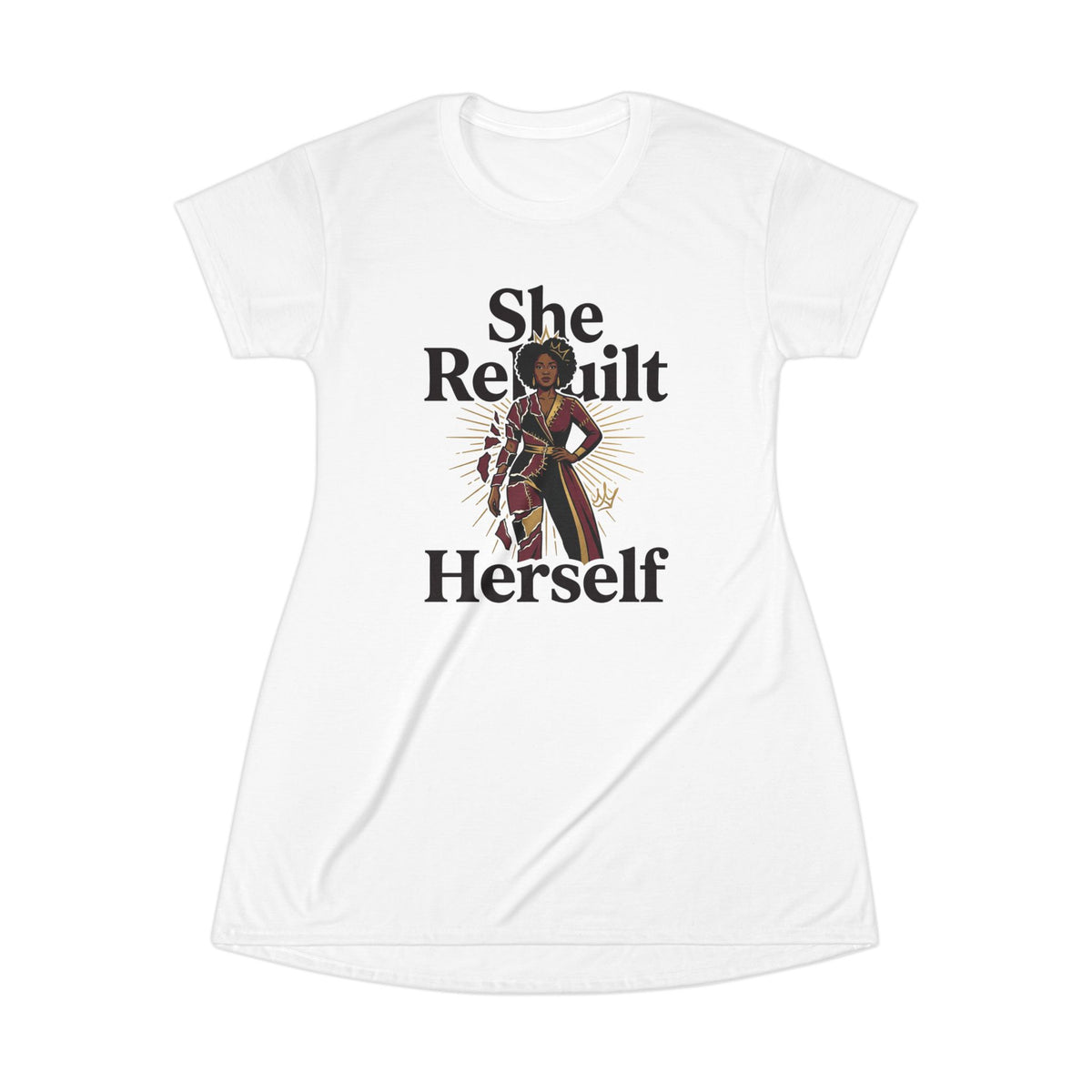 She Rebuilt Herself T-Shirt Dress – Empowering Afrocentric Graphic Dress